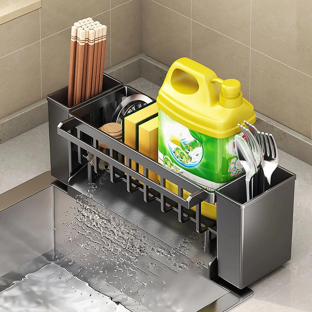 Kitchen Sink Organiser,Kitchen Sink Sponge Holder With Brush Holder,Rag Drain Rack,  Bathroom Organizer, Sink Faucet Sink Ra